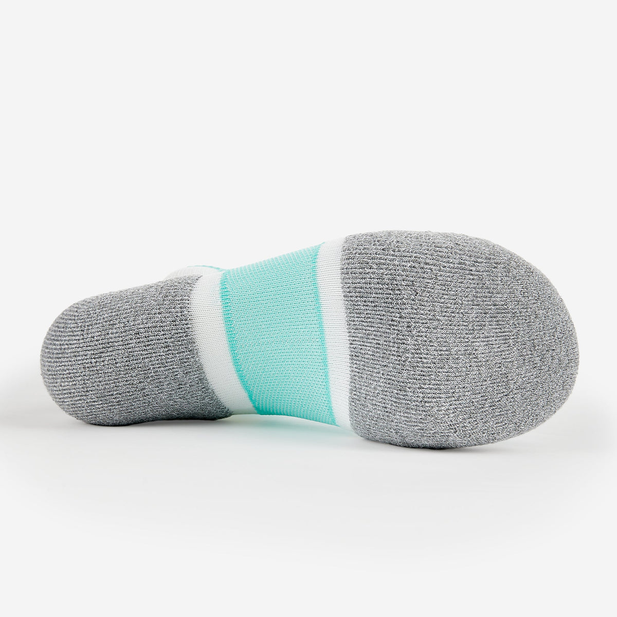 Bottom sole view of gray Thorlos Experia Energy sock with mint and white stripes