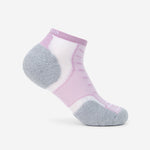 Thorlos Experia TechFit ankle sock in pink and white, side profile view showing cushioned heel.