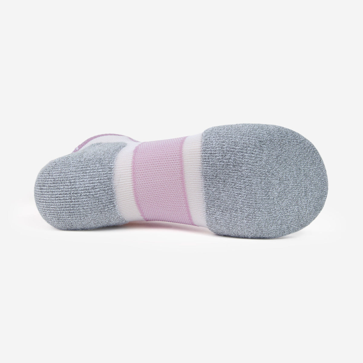 Thorlos Experia TechFit sock bottom sole view showing gray cushioning zones in pink colorway.