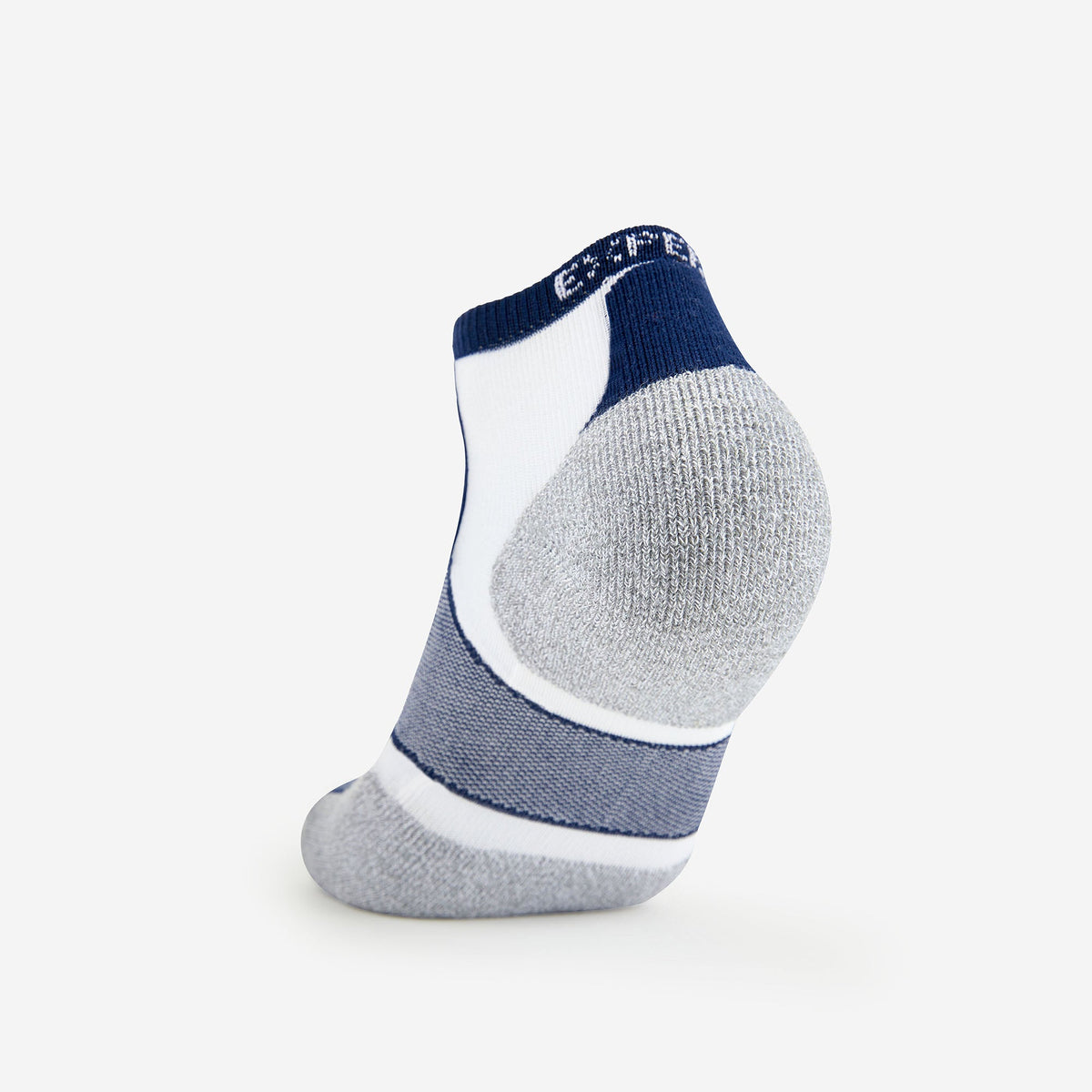 Thorlos Experia Energy low-cut athletic sock in white with navy blue cuff and gray cushioned heel