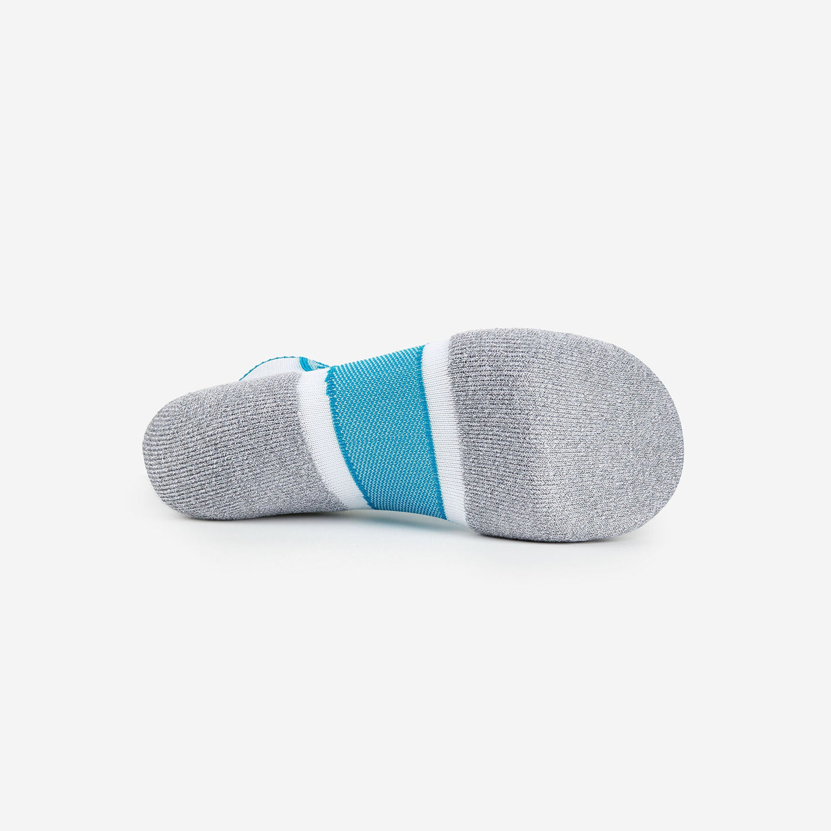 Bottom sole view of Thorlos Experia Energy sock in gray with teal and white stripes