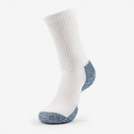 Thorlos Running Thick Cushion Crew sock in white with navy blue heel and toe