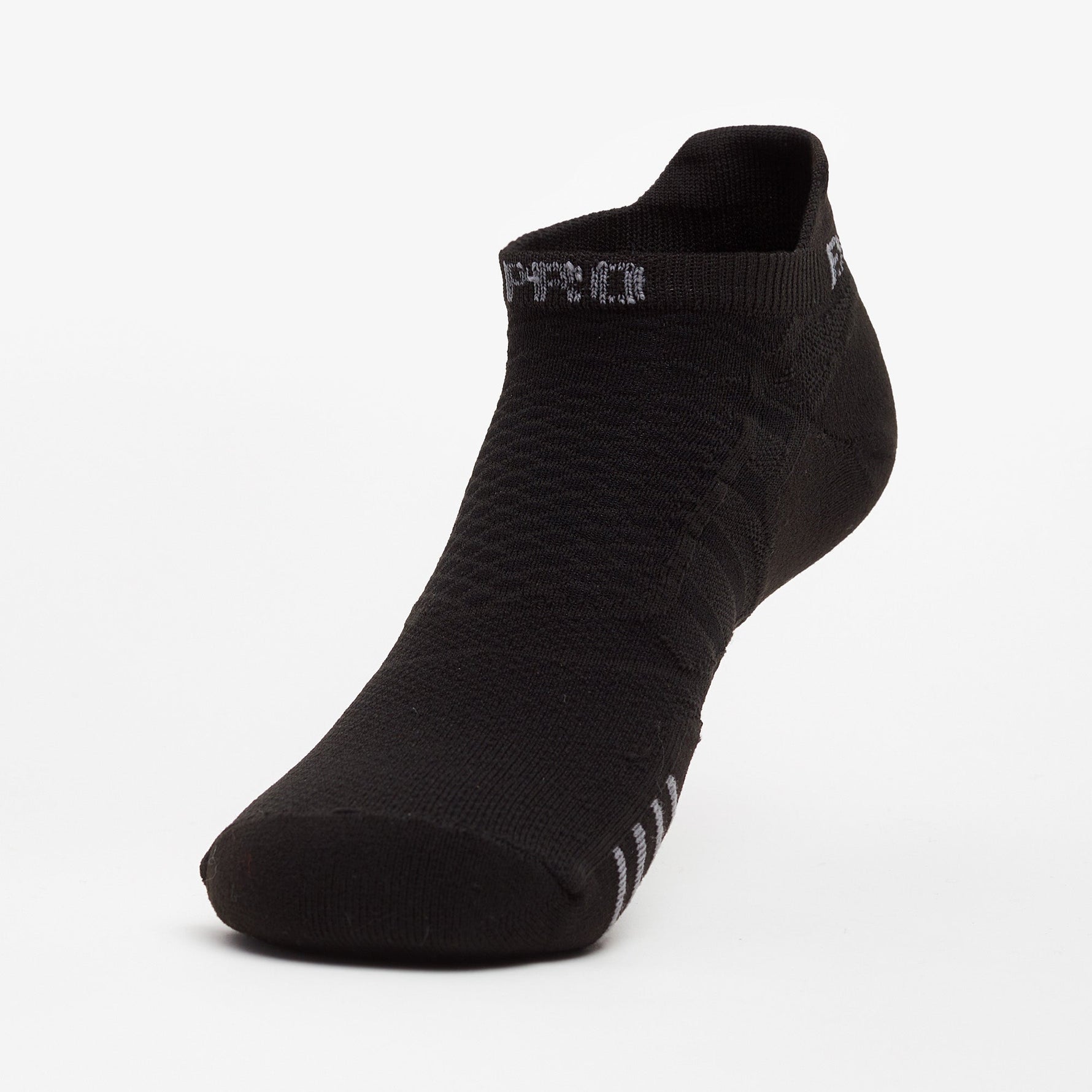 Experia Prolite black no-show athletic sock on white background