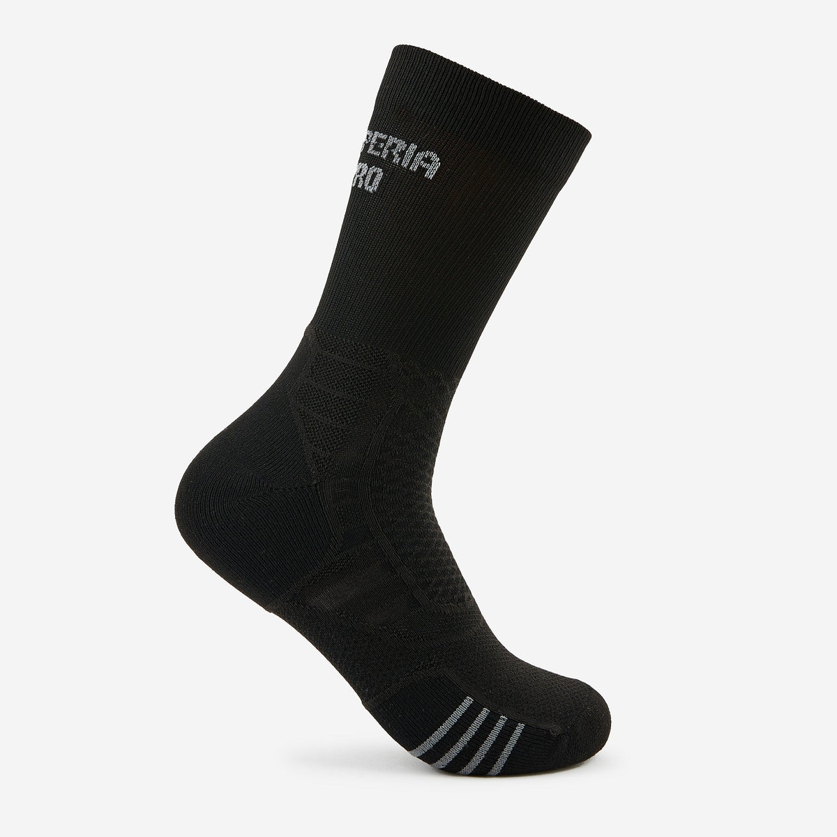 Thorlo Experia Prolite black crew sock with gray toe stripes and logo detail