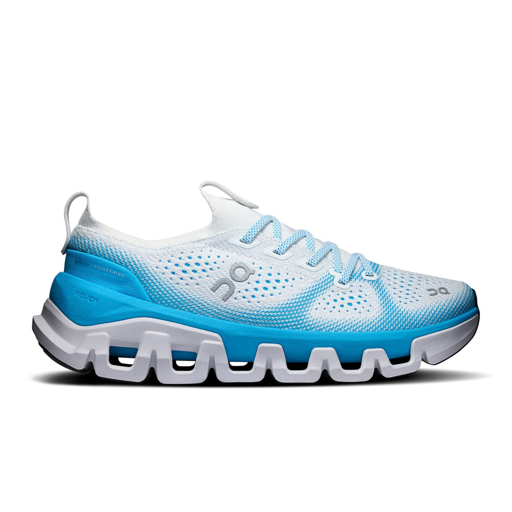 On Cloudswift 3 running shoe in white and ice blue gradient colorway, side view