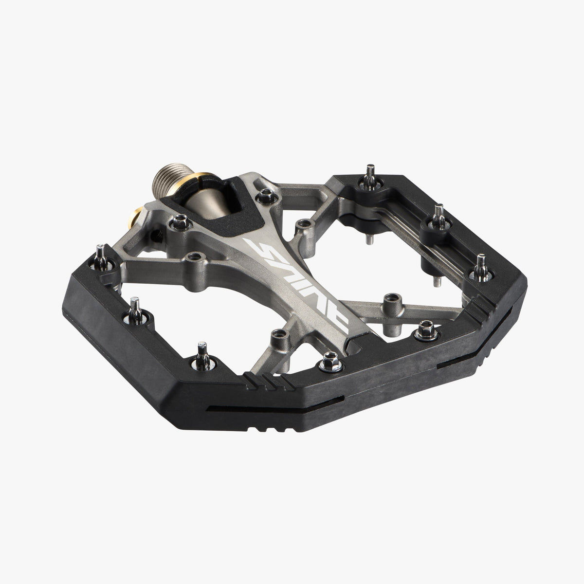 Shimano Saint PD-G8040 flat pedal angled top view showing traction pins and alloy body