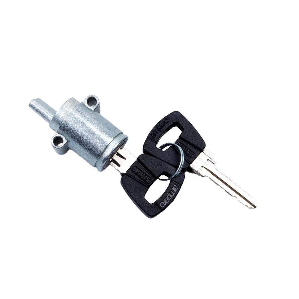 ABUS eBike Powertube battery lock core with two black-handled keys on white background