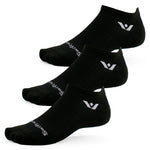 Three black Swiftwick Aspire Zero Tab no-show running socks with white logos