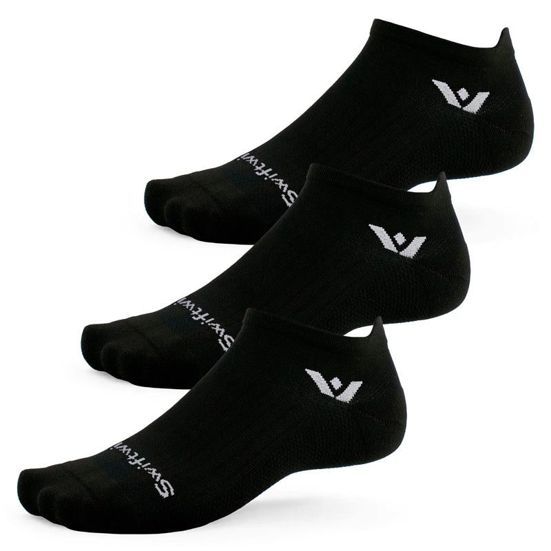 Three black Swiftwick Aspire Zero Tab no-show running socks with white logos