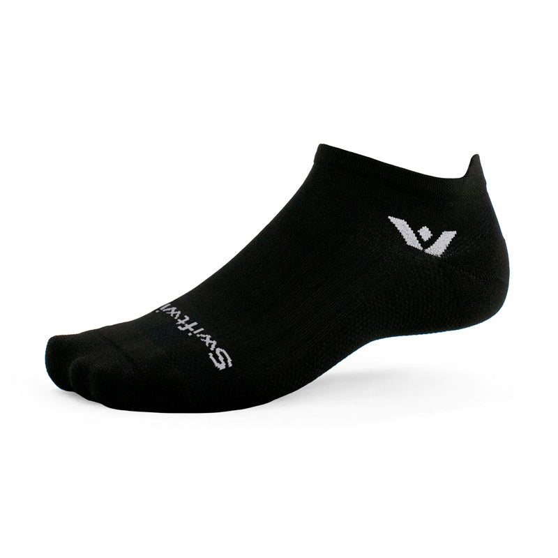 Swiftwick Aspire Zero Tab black no-show running sock with white logo