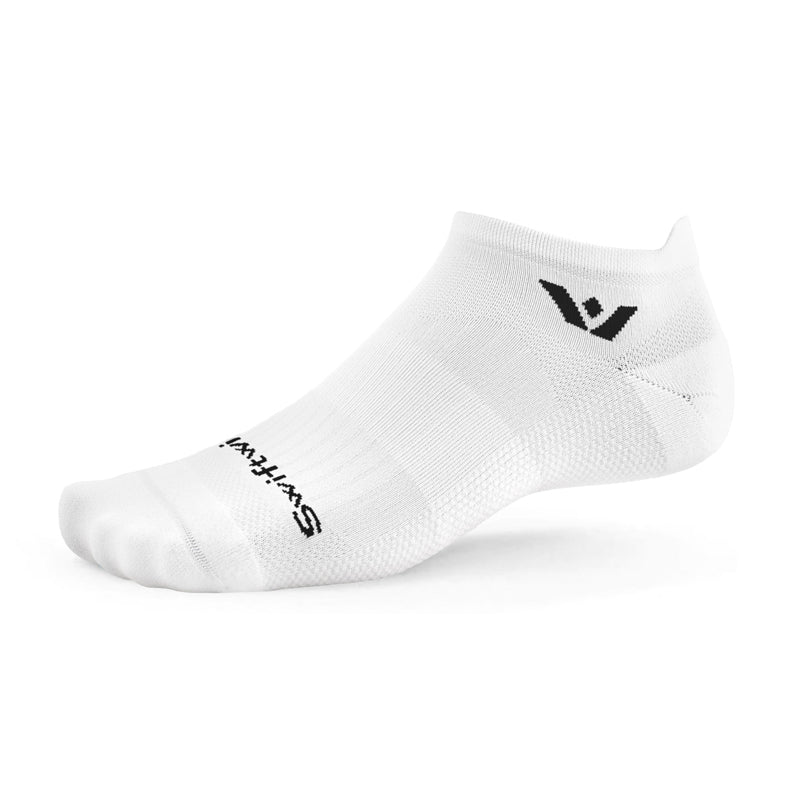 Swiftwick Aspire Zero Tab white no-show running sock with black logo
