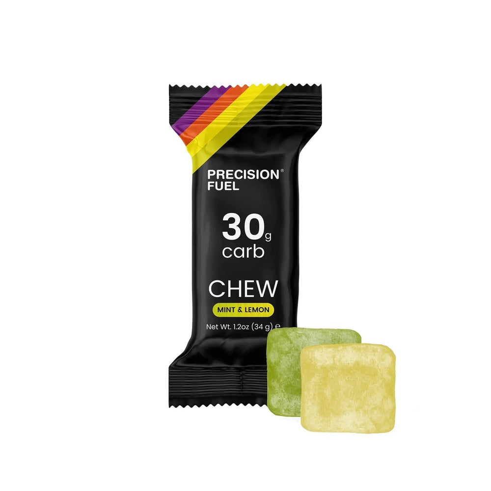 Precision Fuel 30g Carb Chew Mint & Lemon single pack with two chews displayed