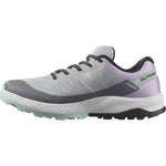 Salomon Outrise Clima women's trail running shoe in quarry gray with orchid purple accents