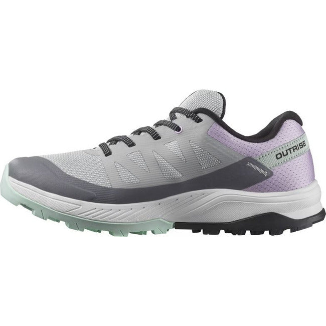 Salomon Outrise Clima women's trail running shoe in quarry gray with orchid purple accents