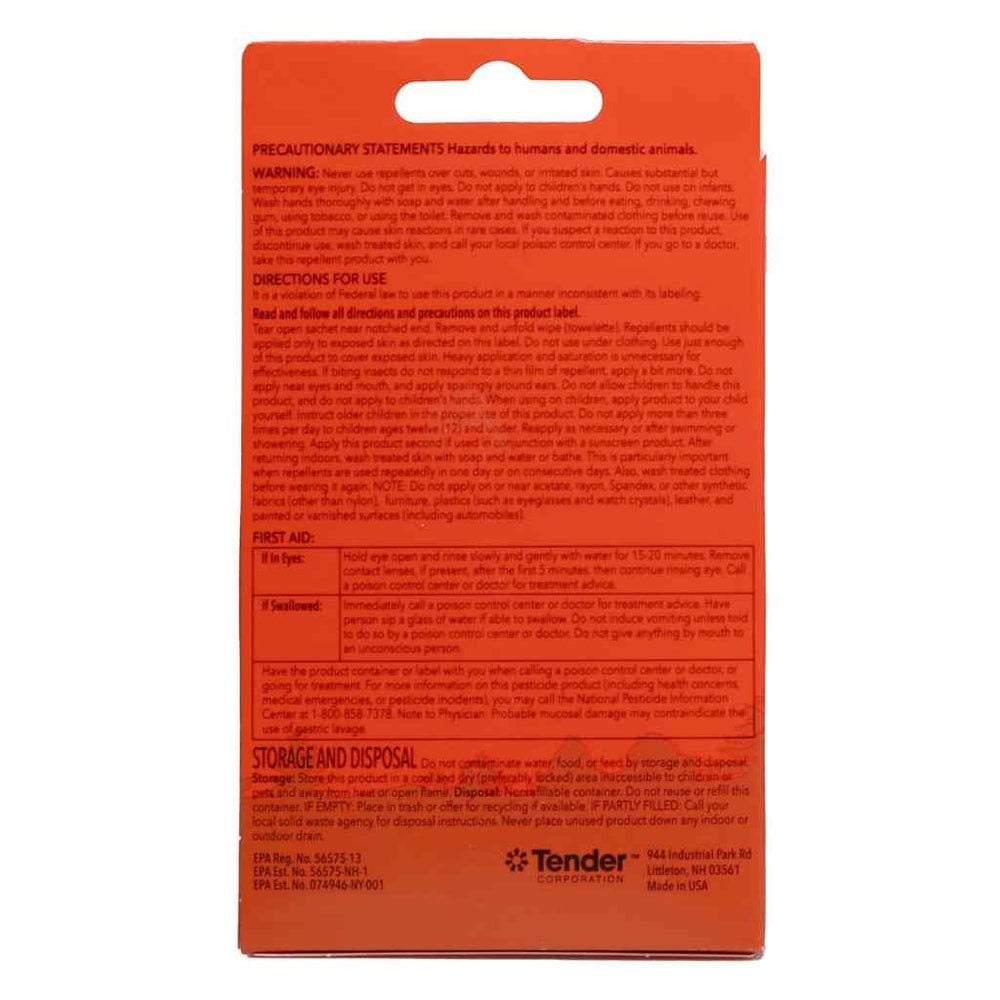Back panel of Ben's 30% DEET Tick and Insect Repellent Wipes showing precautionary statements and directions