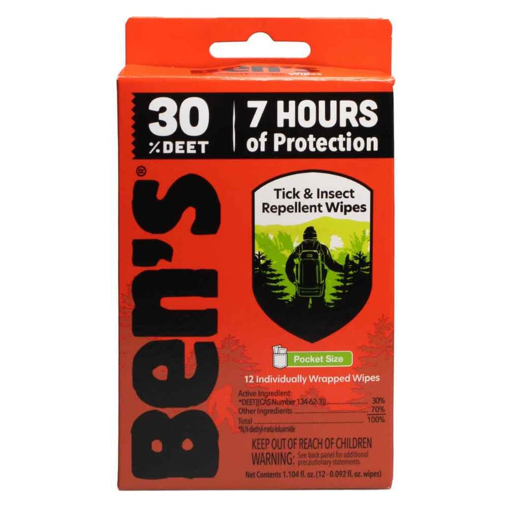 Ben's 30% DEET Tick and Insect Repellent Wipes box, 12 individually wrapped wipes, 7-hour protection