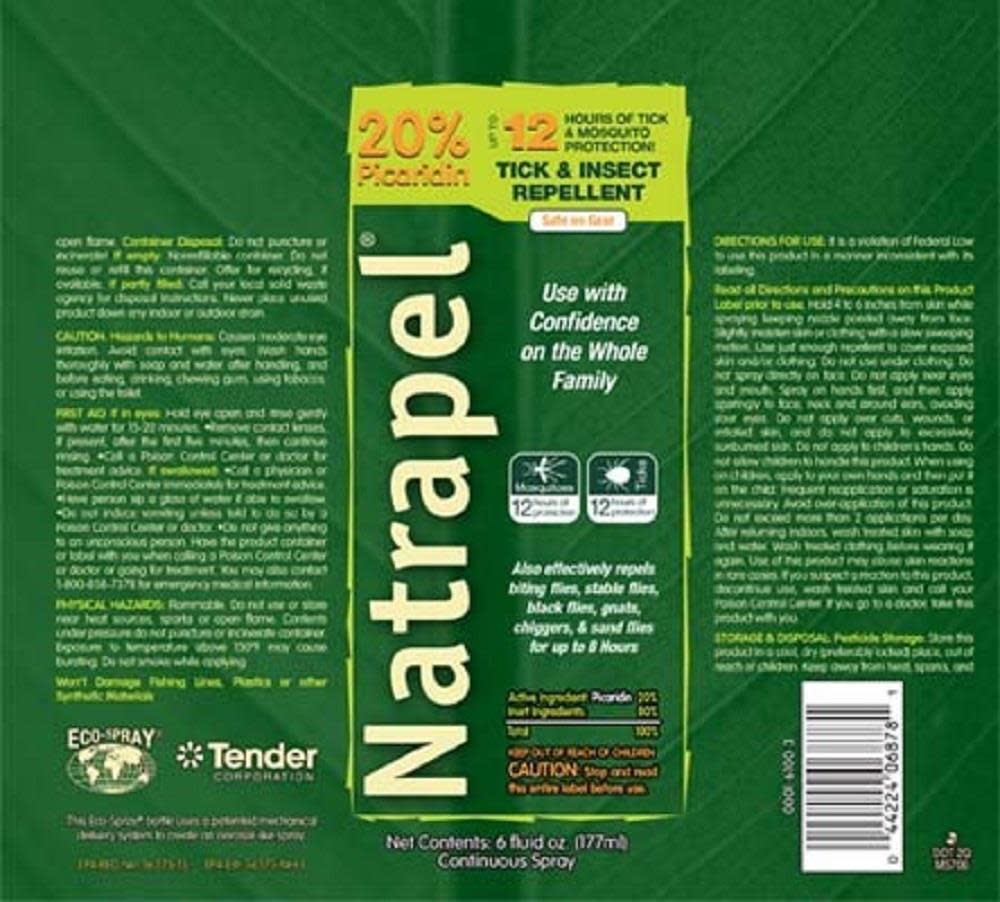 Natrapel 6oz Tick and Insect Repellent full label showing directions, ingredients, and safety information