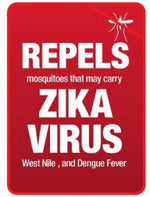 Red promotional badge stating Natrapel repels mosquitoes carrying Zika Virus, West Nile, and Dengue Fever