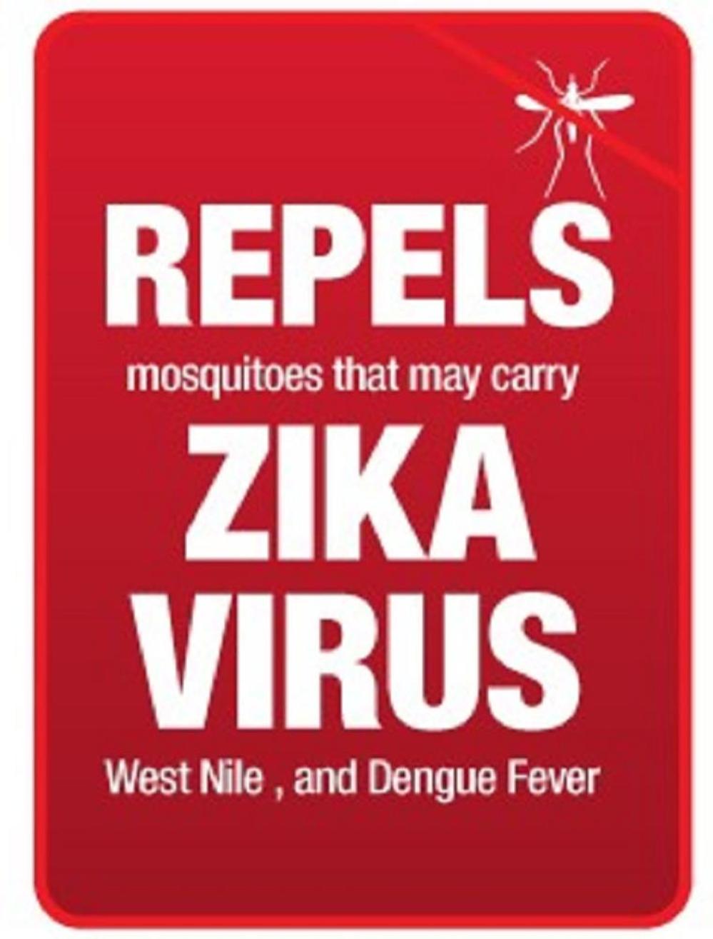 Red promotional badge stating Natrapel repels mosquitoes carrying Zika Virus, West Nile, and Dengue Fever