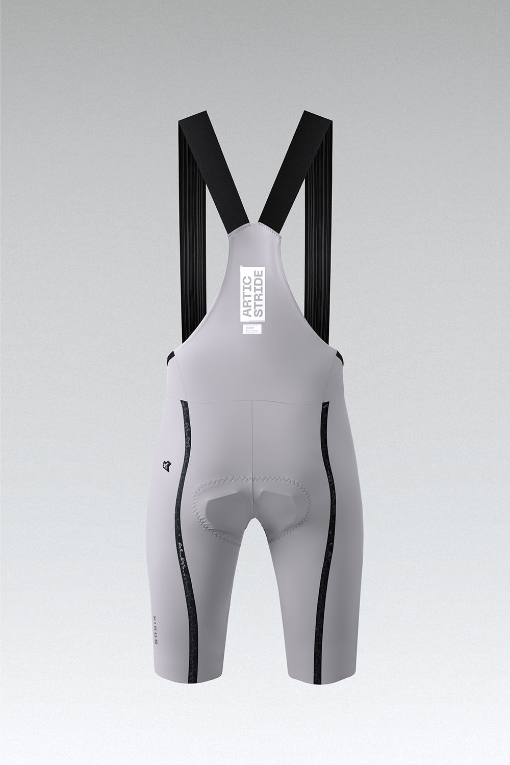 Gobik Artic Stride men's bib shorts in tapioca gray with black side stripes, rear view