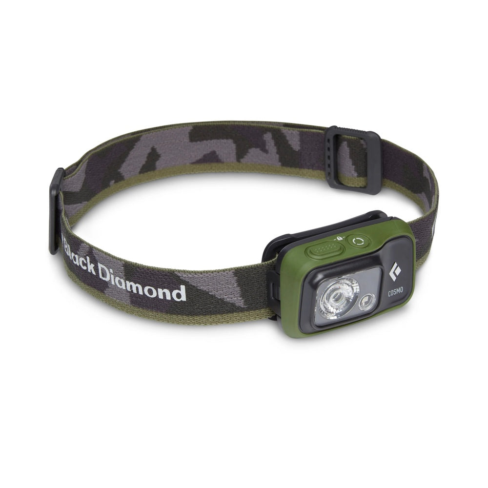 Black Diamond Cosmo 350 headlamp in dark olive with camouflage headband on white background