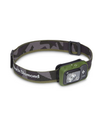 Black Diamond Cosmo 350 headlamp dark olive colorway with camouflage strap, angled product view