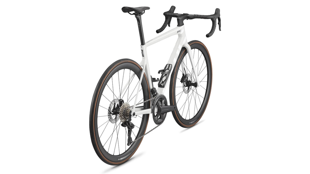 BMC Teammachine SLR 01 road bike in Stealth White, drivetrain detail from rear-left angle