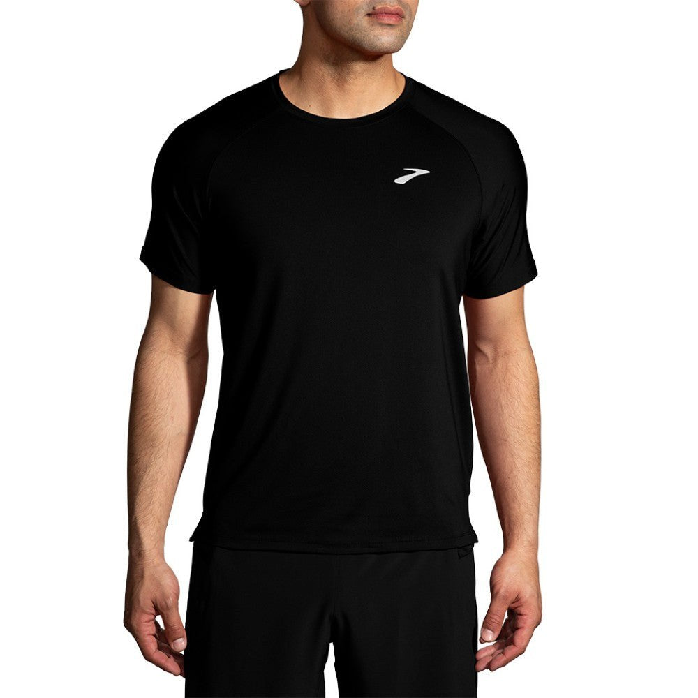 Brooks Atmosphere Short Sleeve men's black running shirt on male model