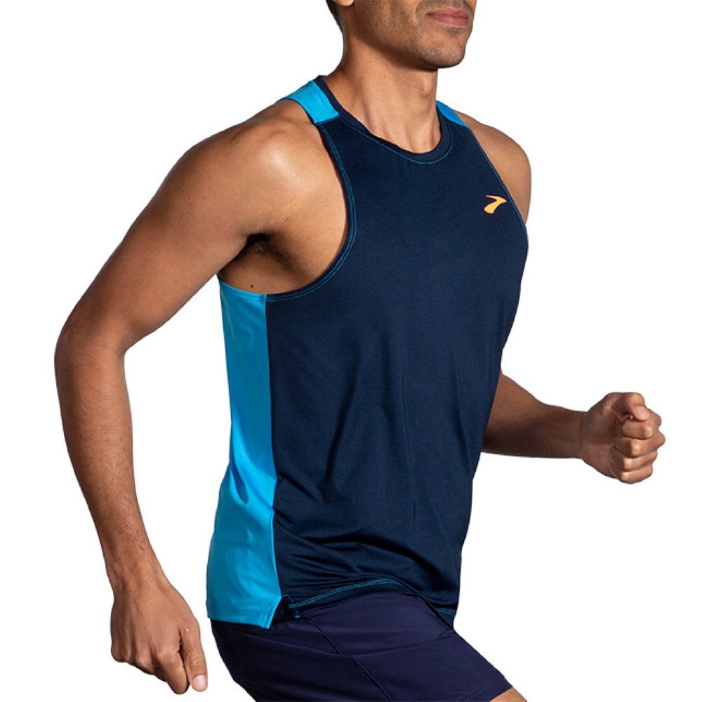Brooks Atmosphere Singlet 2.0 men's navy running tank top with blue side panels