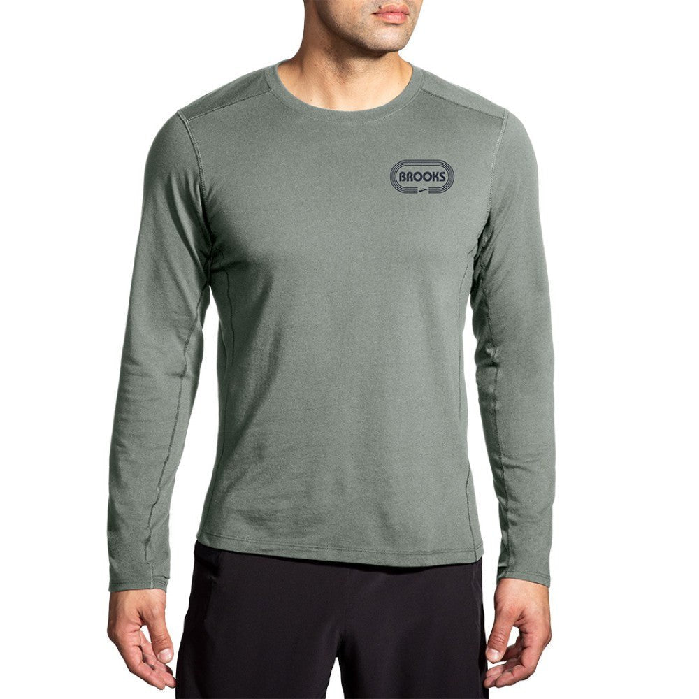 Brooks Distance Long Sleeve shirt in sage green with Brooks logo on chest