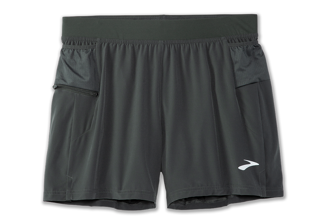 Brooks Sherpa 5-inch men's running shorts in dark oyster gray with side pockets