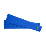 Brooks Source Midweight Arm Warmer in Bluetiful royal blue with gold logo, pair shown flat