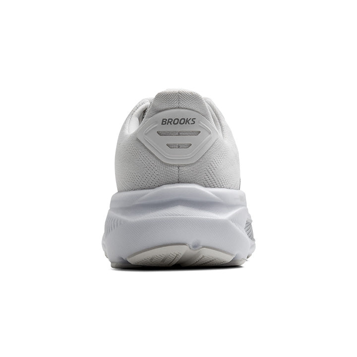 Brooks Ghost 17 women's running shoe in white with grey accents, rear view