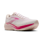 Brooks Ghost Amp women's running shoe in pink and fuchsia, three-quarter front view