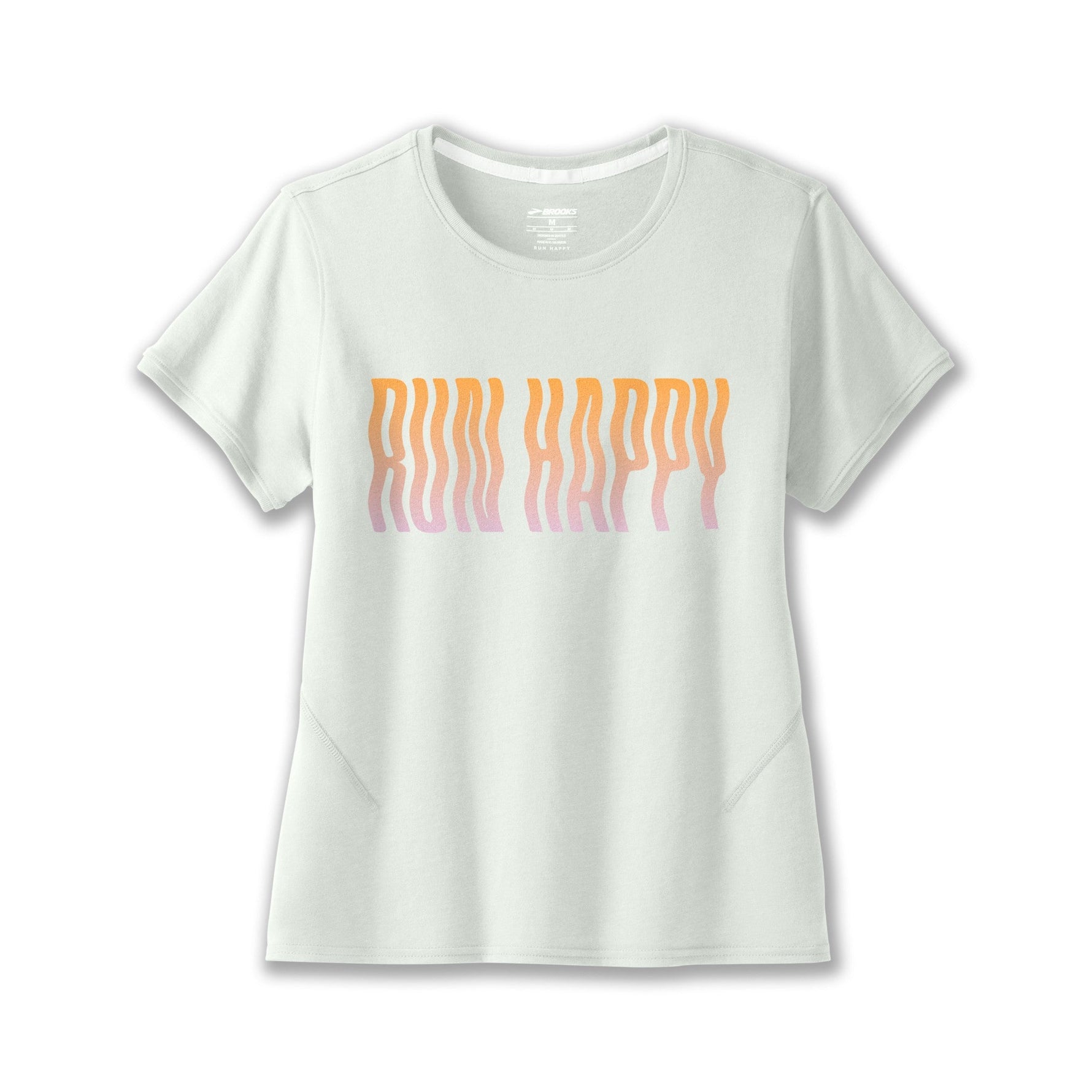 Brooks Distance Short Sleeve women's t-shirt in heathered cool mint with gradient Run Happy text