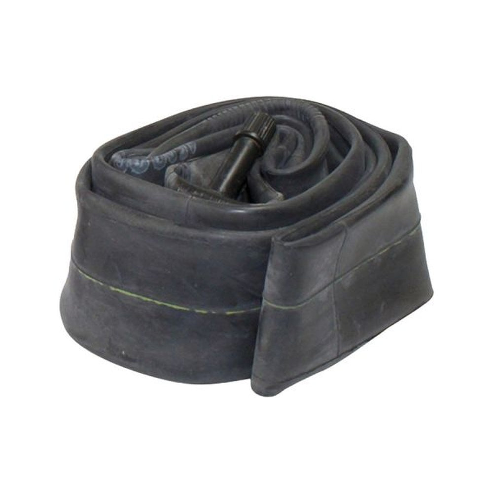 Black bicycle inner tube coiled with valve stem visible