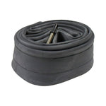 Black bicycle inner tube coiled with valve stem visible
