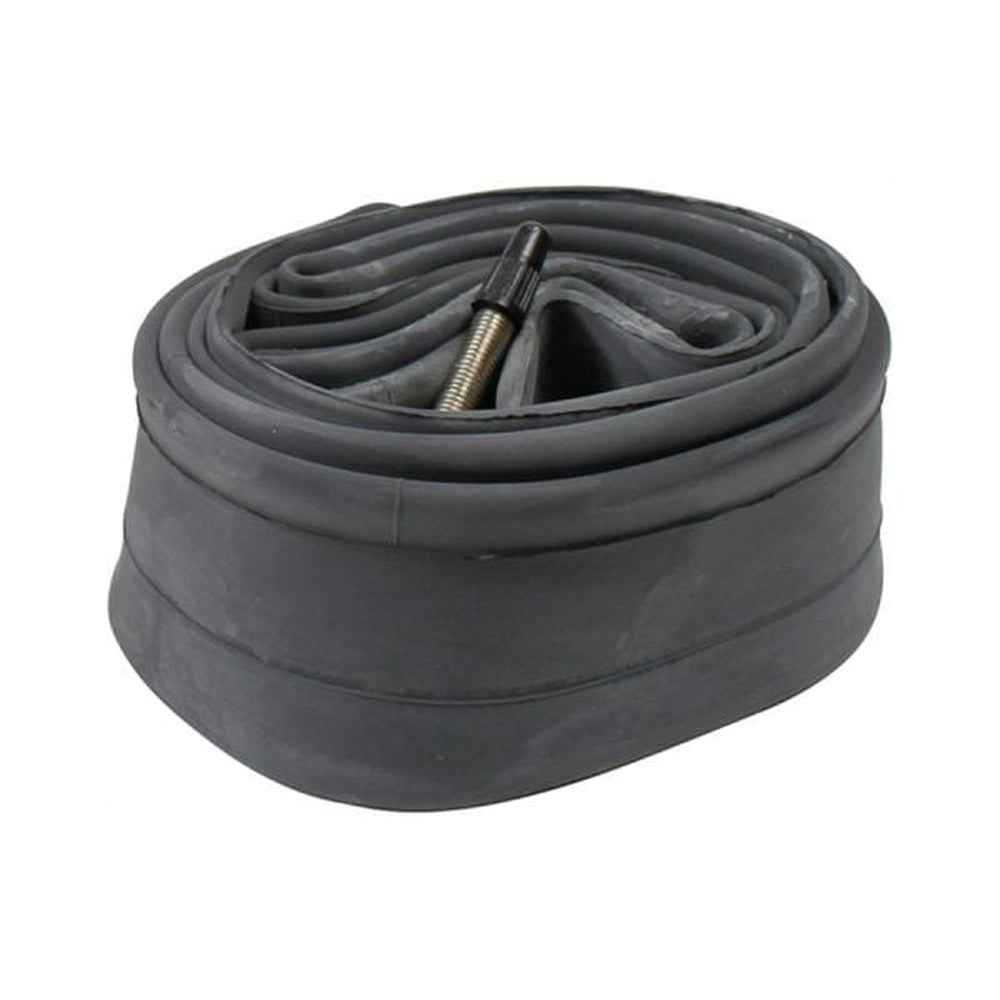 Black bicycle inner tube coiled with valve stem visible