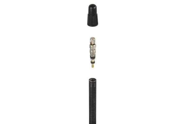Eltin bicycle tube components with black valve cap and brass valve stem