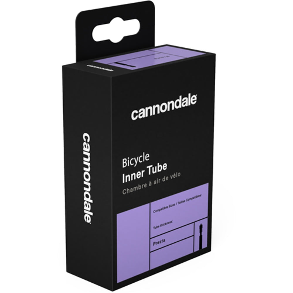 Cannondale Bicycle Inner Tube Presta valve in black and purple retail packaging
