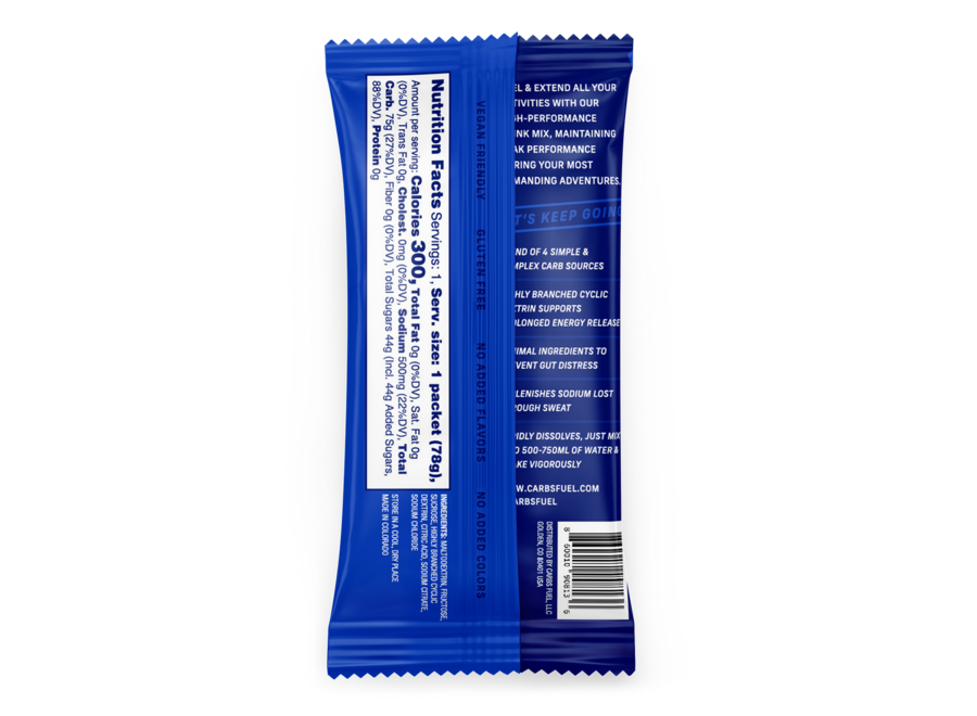 Carbs Fuel Original Sport Drink Mix sachet back panel showing nutrition facts and ingredients