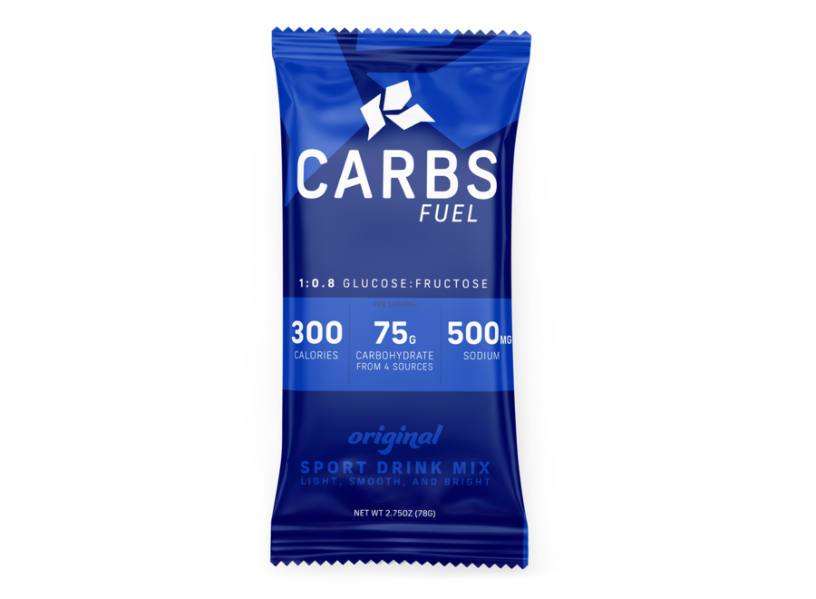 Carbs Fuel Original Sport Drink Mix single sachet front view, blue packaging, 75g carbs