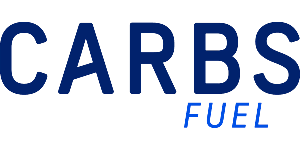 Carbs Fuel brand logo in bold dark navy and bright blue text on white background