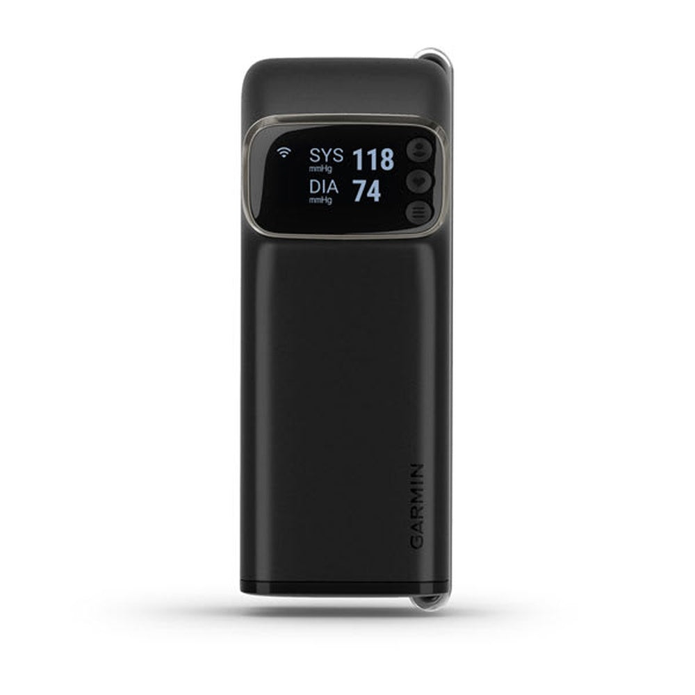 Garmin Index BPM Smart Blood Pressure Monitor in matte black showing systolic 118 diastolic 74 readings