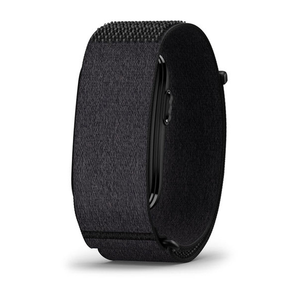 Garmin CIRQA Smart Band in black with fabric loop strap on white background