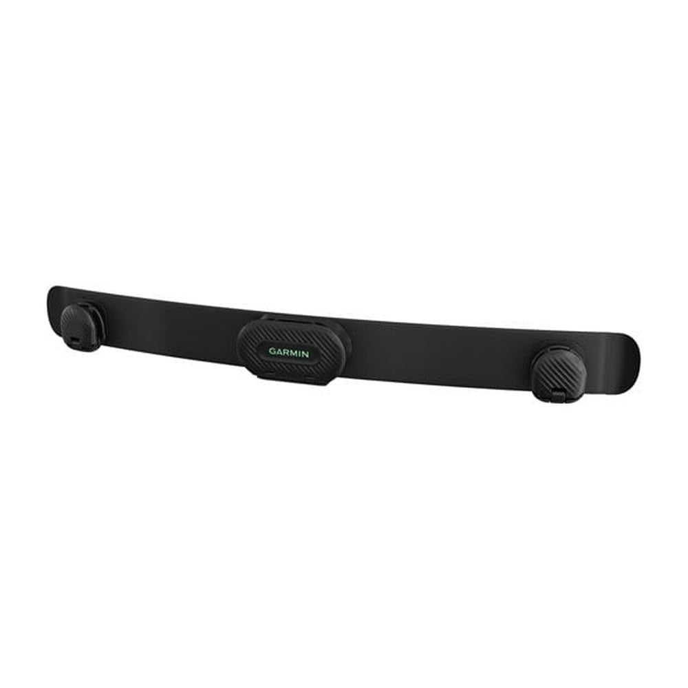 Black Garmin HRM-Fit heart rate monitor chest strap on white background