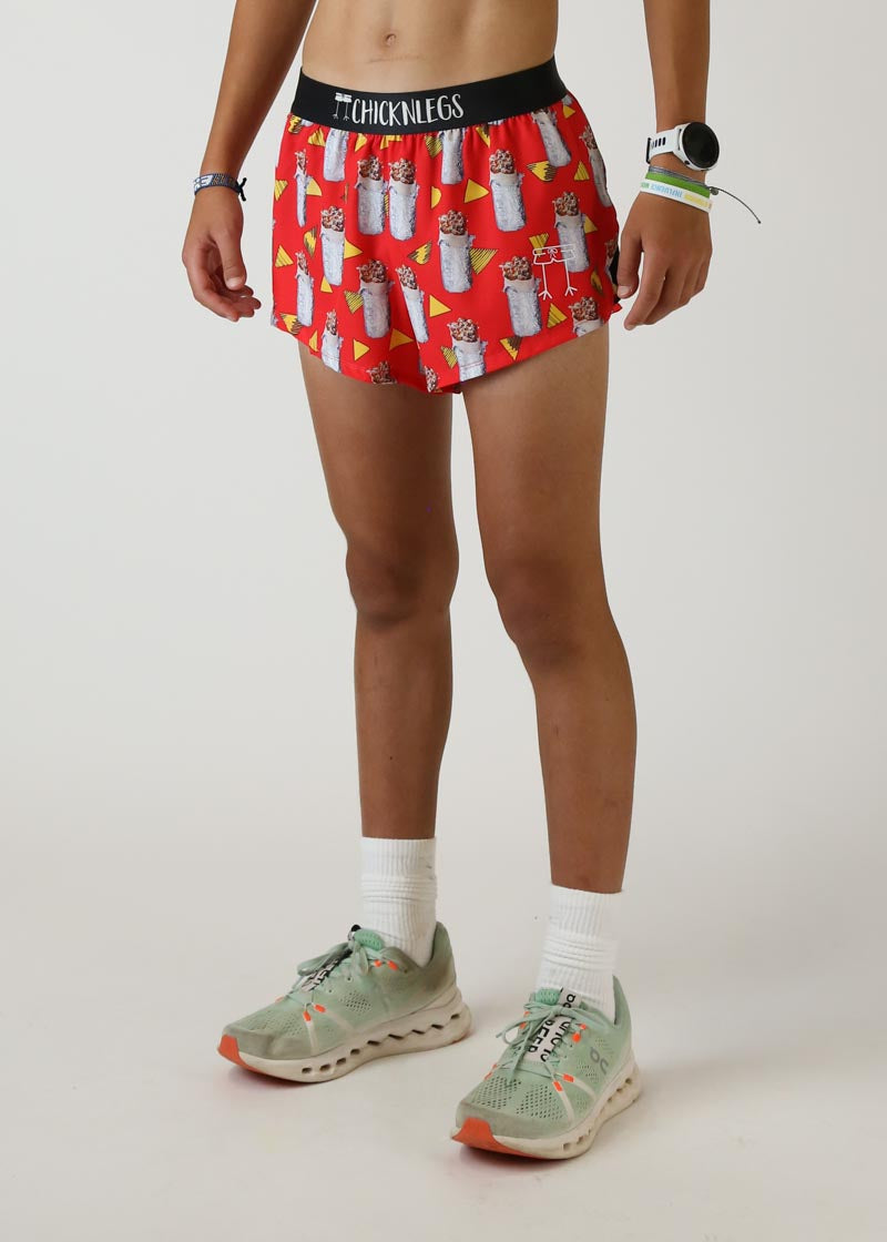 Red running shorts with burrito and nacho pattern, black waistband
