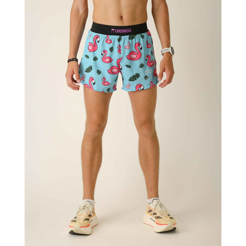 ChicknLegs men's light blue running shorts with pink flamingo tropical pattern
