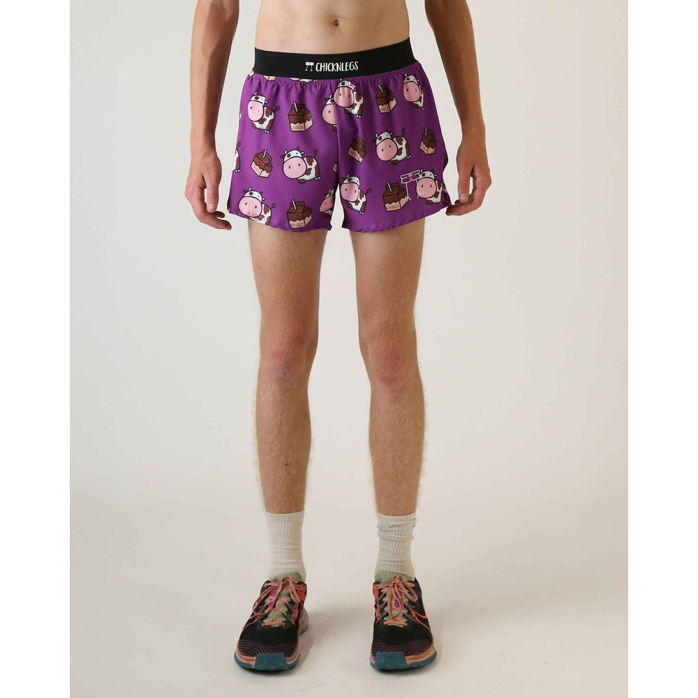 Purple ChicknLegs men's shorts with cute cartoon cow and chocolate milk pattern