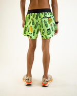ChicknLegs men's bright green running shorts with pickle pattern, rear view